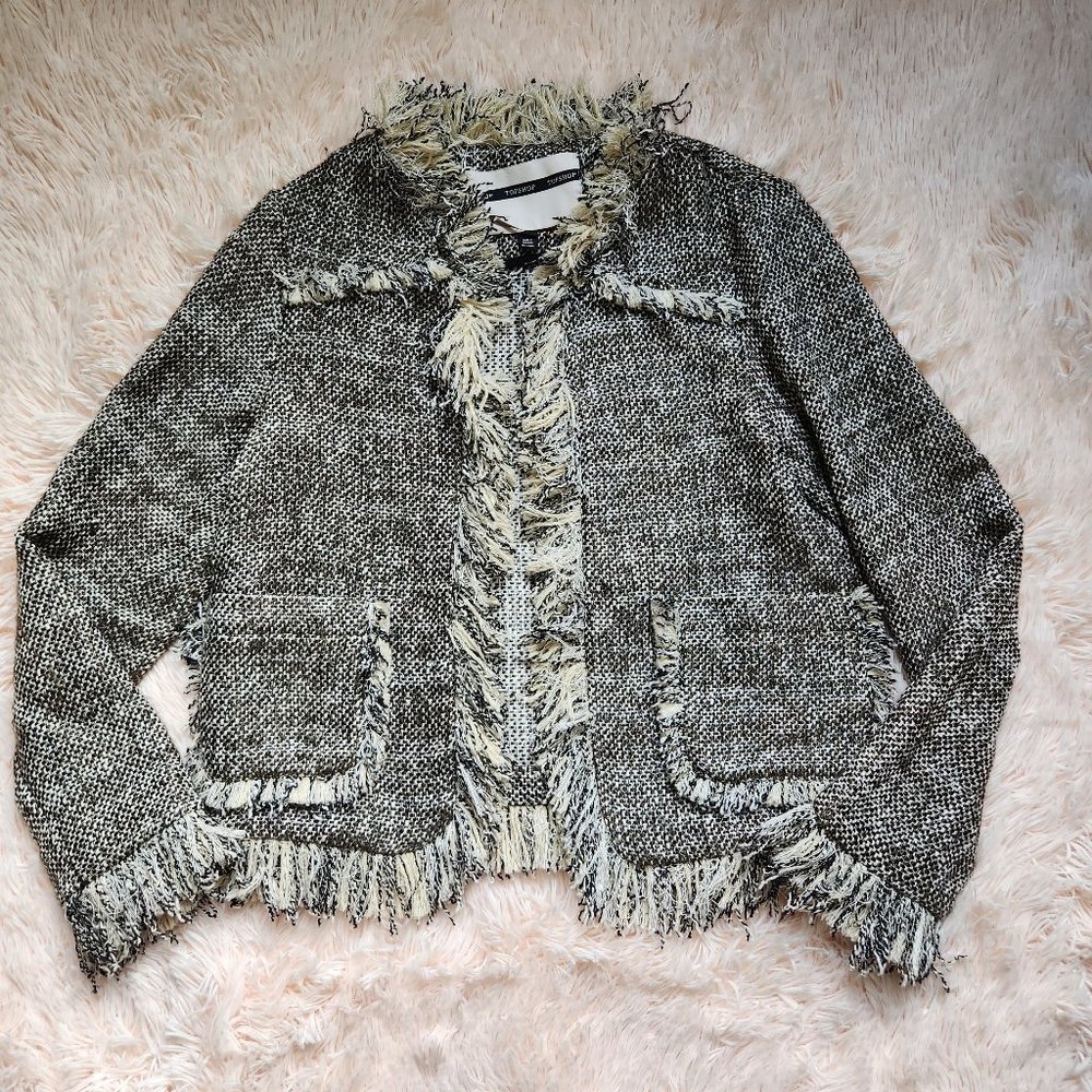 Topshop Cream & Black Frayed Edge Shaggy Tweed Long Sleeve Blazer - Size 4